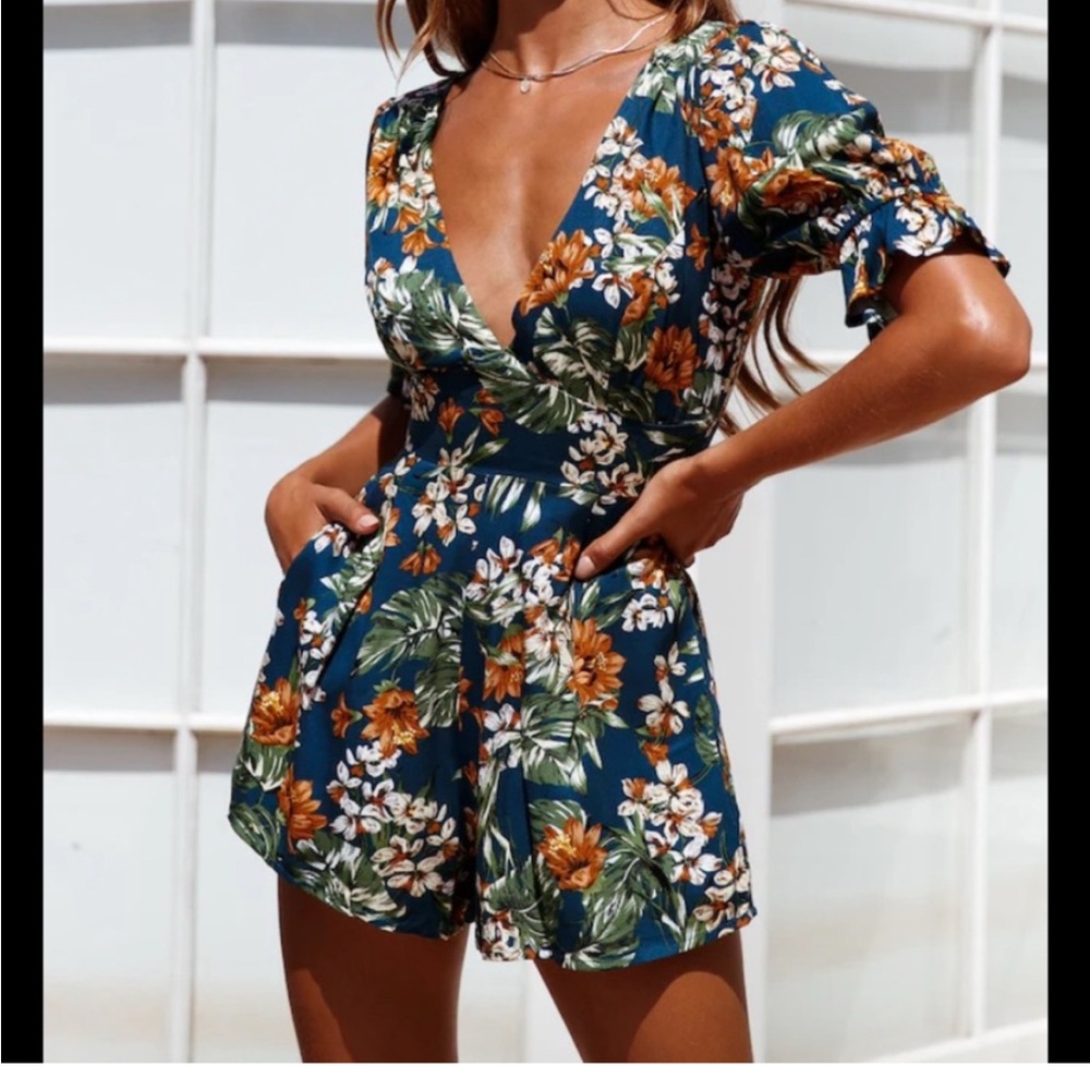 Hello Molly Navy Tropical Floral Deep V Romper